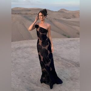 Commense Jacquard Floral Asymmetrical Long Black Dress NWT Snall